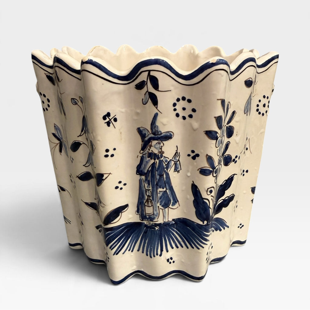 French handpainted cachepot, blue/white, 6"Dia x 5"H