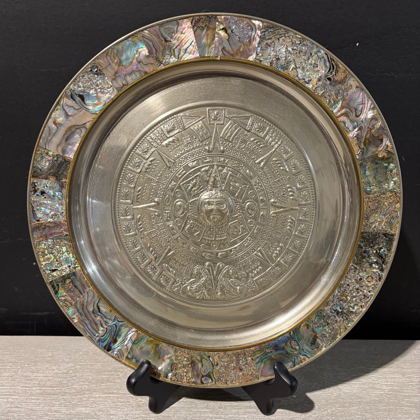 VTG Mexican Aztec Calandar, Motherof Pearl & Alpaca Silver, 11"Dia x .5"D