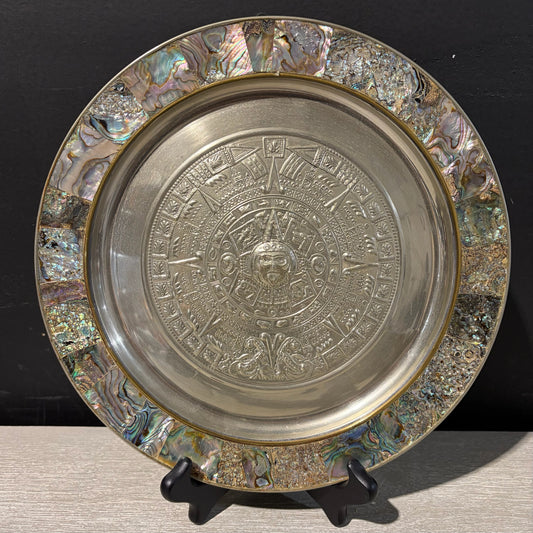 VTG Mexican Aztec Calandar, Motherof Pearl & Alpaca Silver, 11"Dia x .5"D