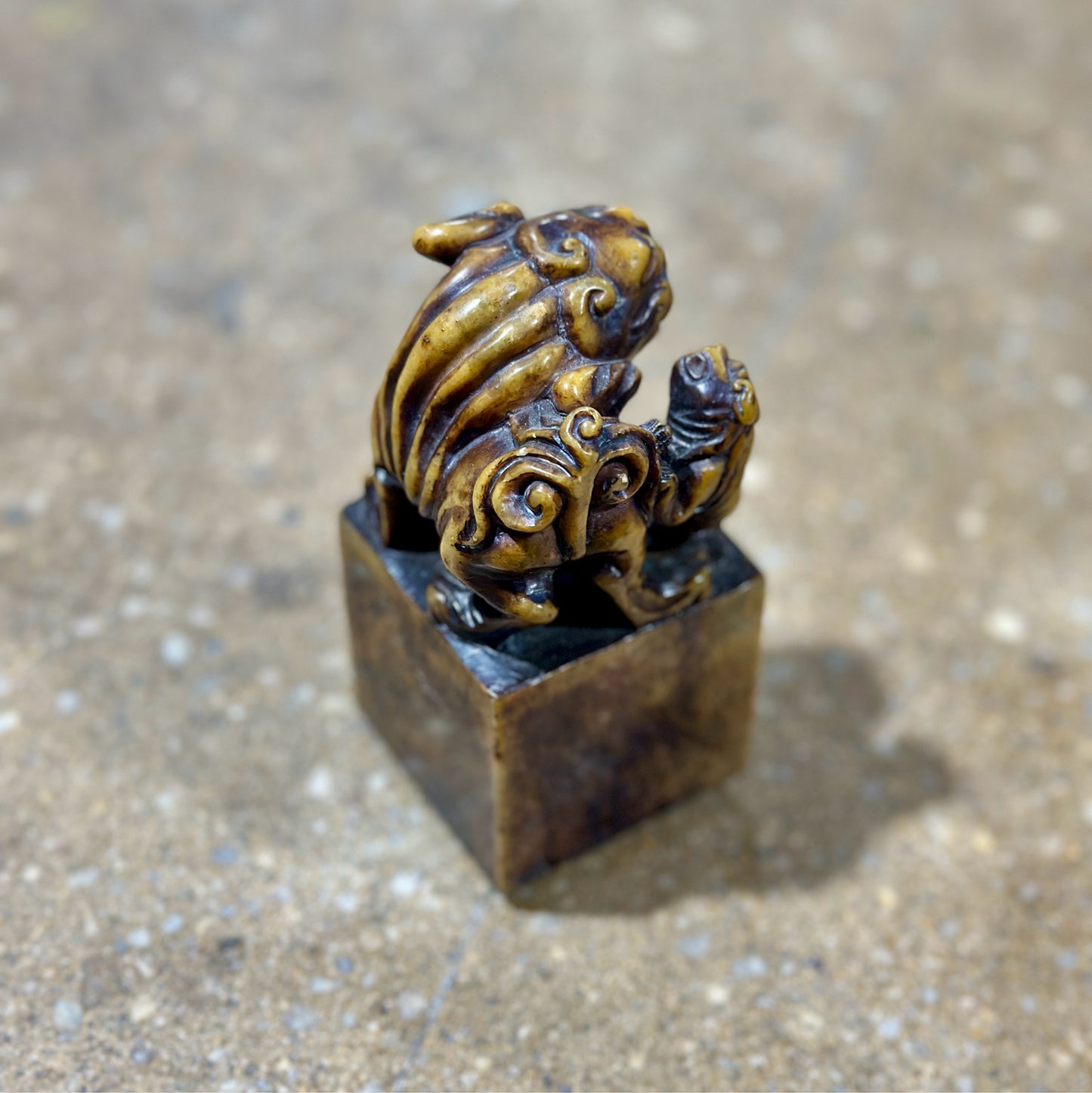 Chinese Carved Shoushan Stone Lion & Cub Chop Seal Stamp, 2" L x 2" W x 4" H