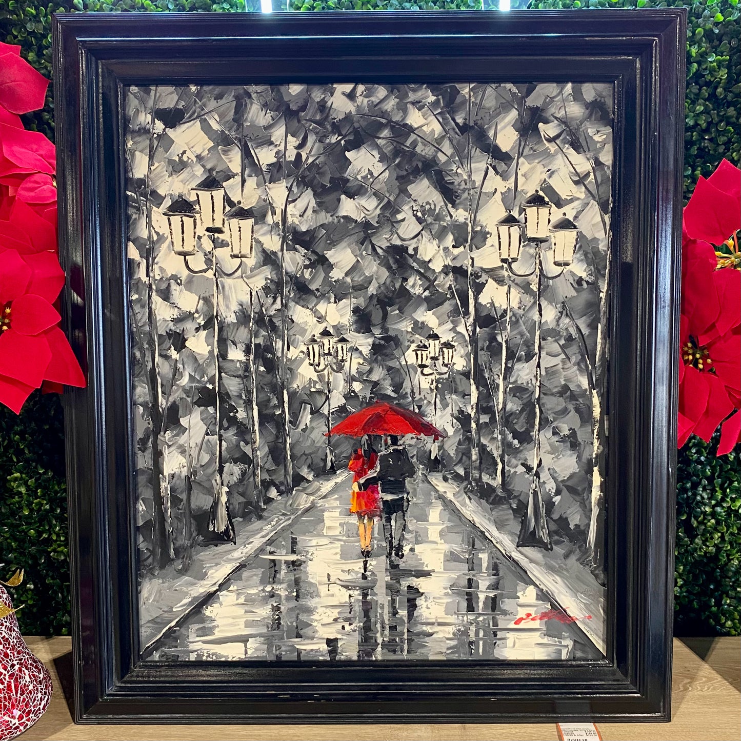 Signed/local artist acrylic, Red Umbrella, 25"W x 29"H x 2"D