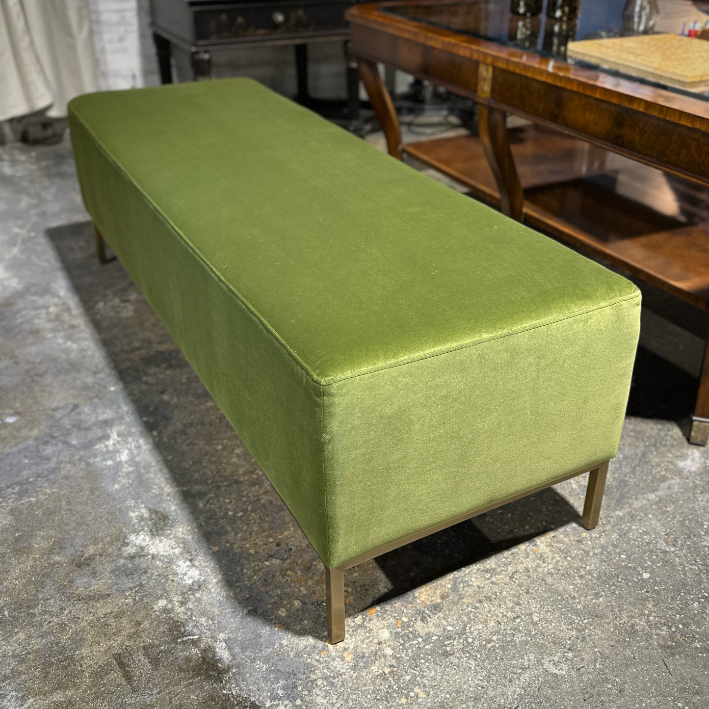 Miller Bench, Green Performance Velvet & Matte Brass, 60" L x 20" W x 18.75" H
