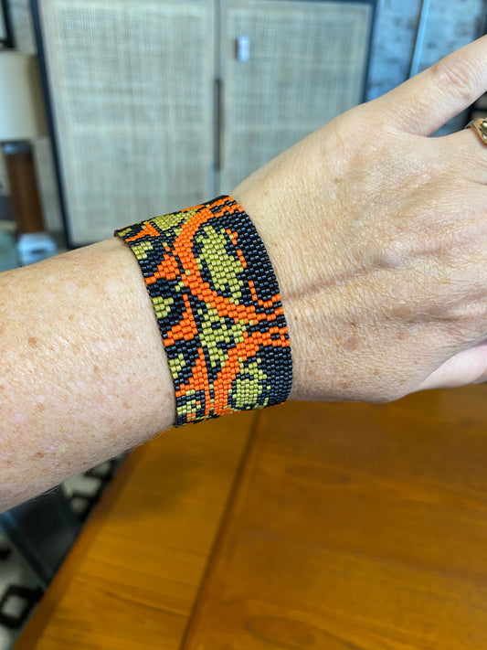 Peyote stitch bracelet, "Trio", black/rust/olive, 1.4"W x 7"L