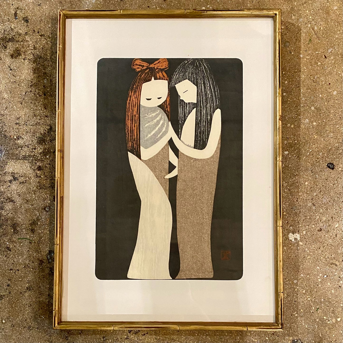 Vintage Wood Block, "Two Girls" By Kawano, 13.75"W x 19.75"H x .5"D