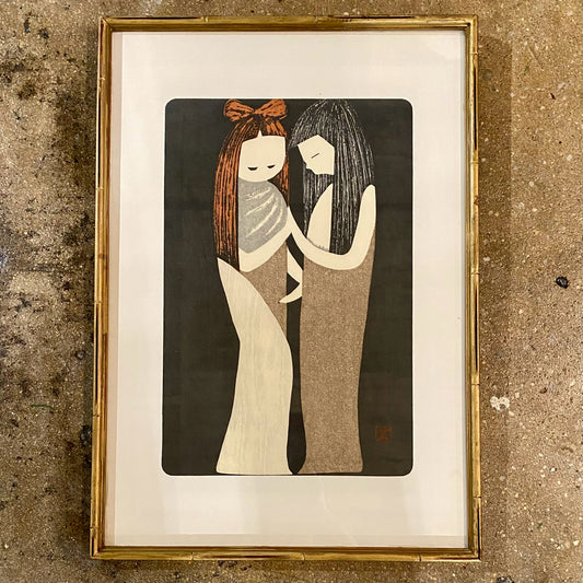 Vintage Wood Block, "Two Girls" By Kawano, 13.75"W x 19.75"H x .5"D