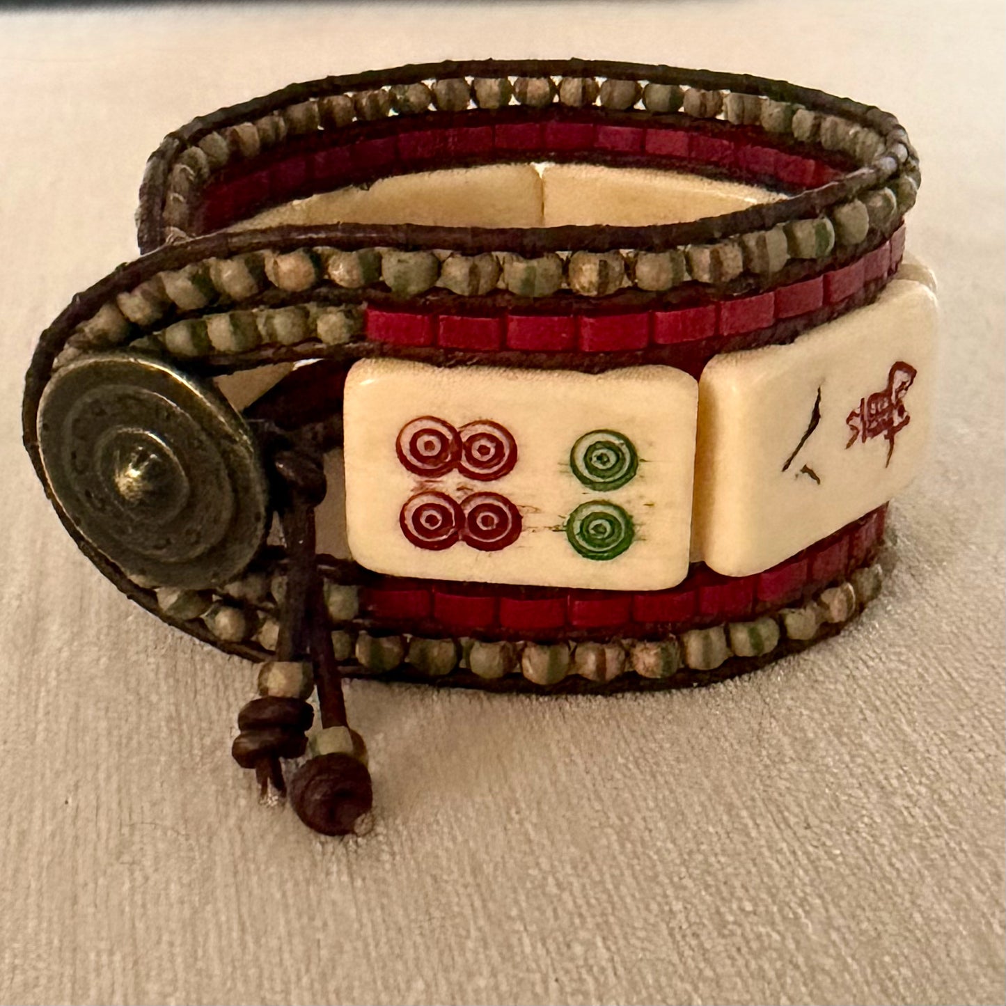 Vintage Mahjong Tile Cuff Beaded Bracelet, 1.5"W x 7.2"L, Carrie Prince