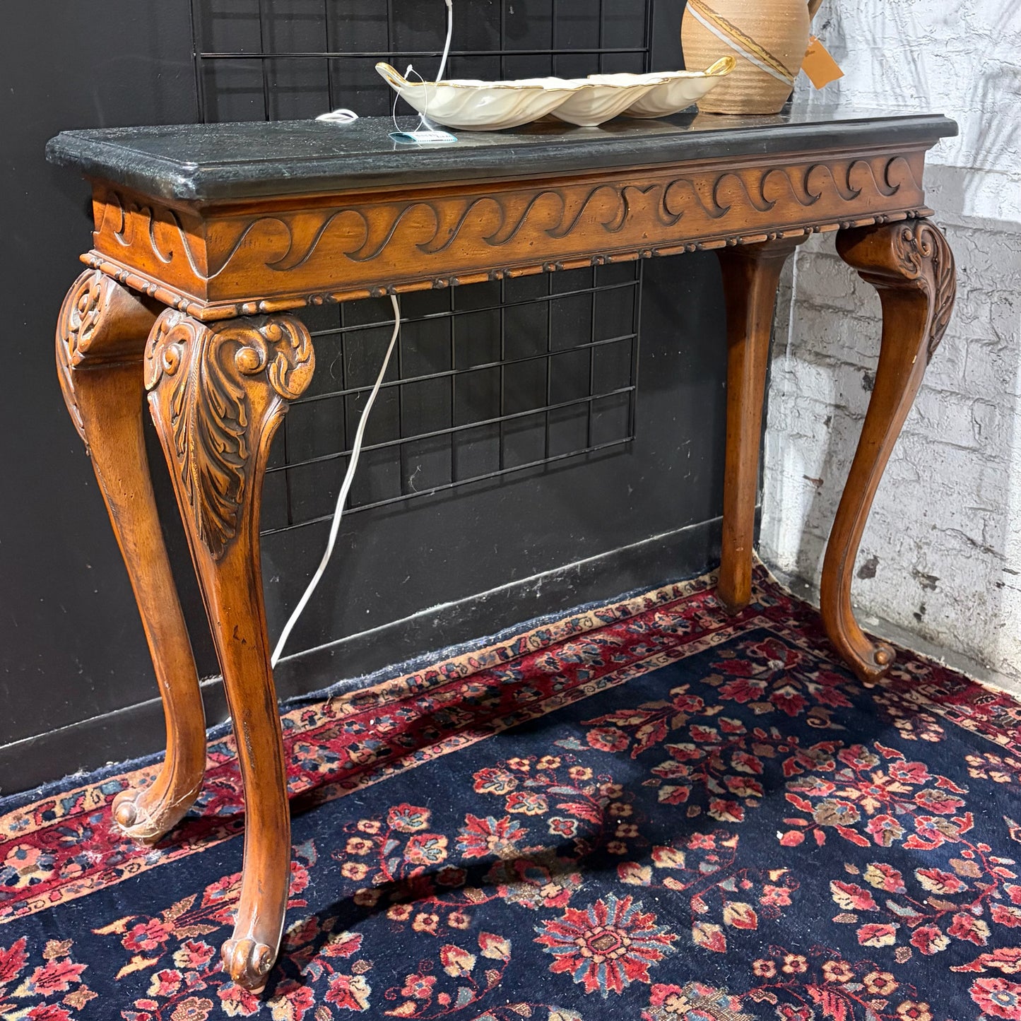 Mahogany Console Table with Stone Tile Top, 38.5"W x 13.5"D x 30.25"H