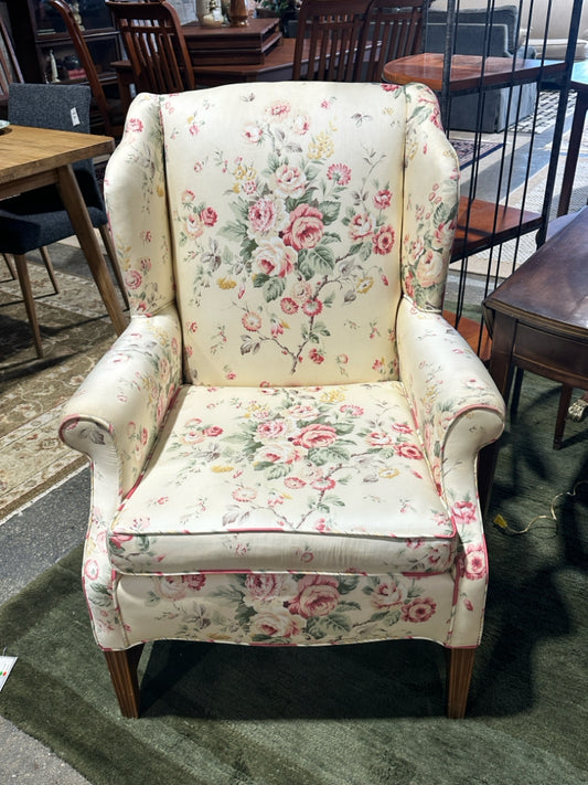 Wingback chair, stripes/floral mix, 29"W x 30"D x 39.5"H