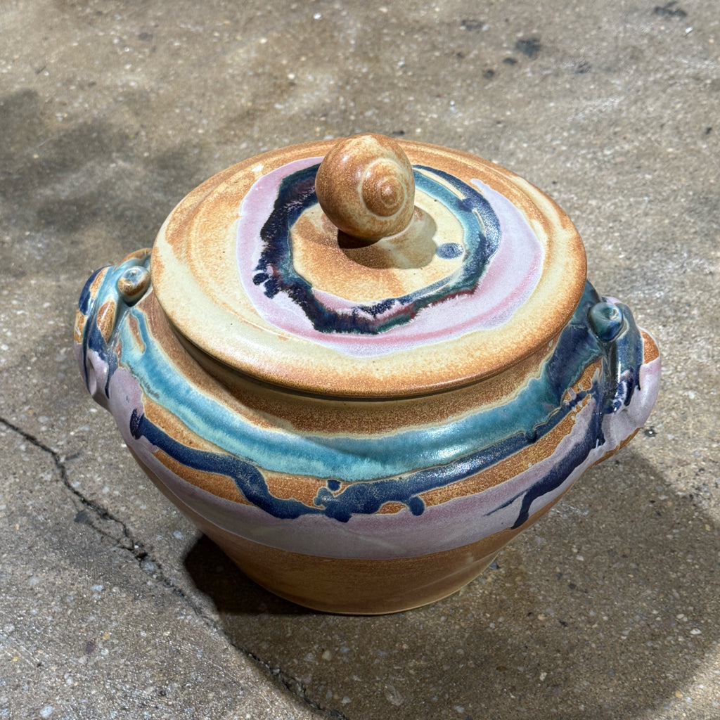 Studio pottery, signed covered vessel, 11"W x 11"L x 9"H crock