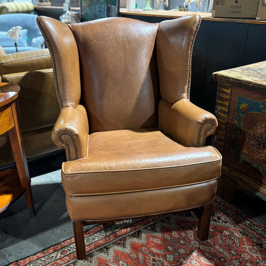 Pottery Barn Thatcher Aged Brown Leather Wingback Chair 32" W x 30" D x 41" H