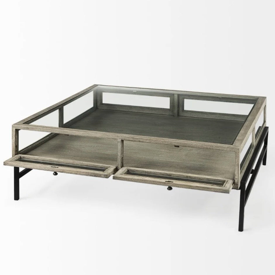 Arelius Square Glass-Top Display Coffee Table, 42"W x 43.5"D x 15"H