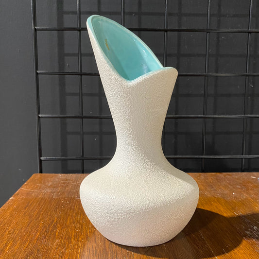 MCM Royal Heagar Ceramic Vase, Textured White & Turquoise, 5" Dia x 9" H