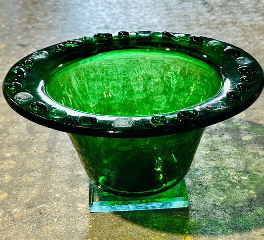 Green glass decorative bowl, signed, 11.5"W x 11.5"D x 6"H