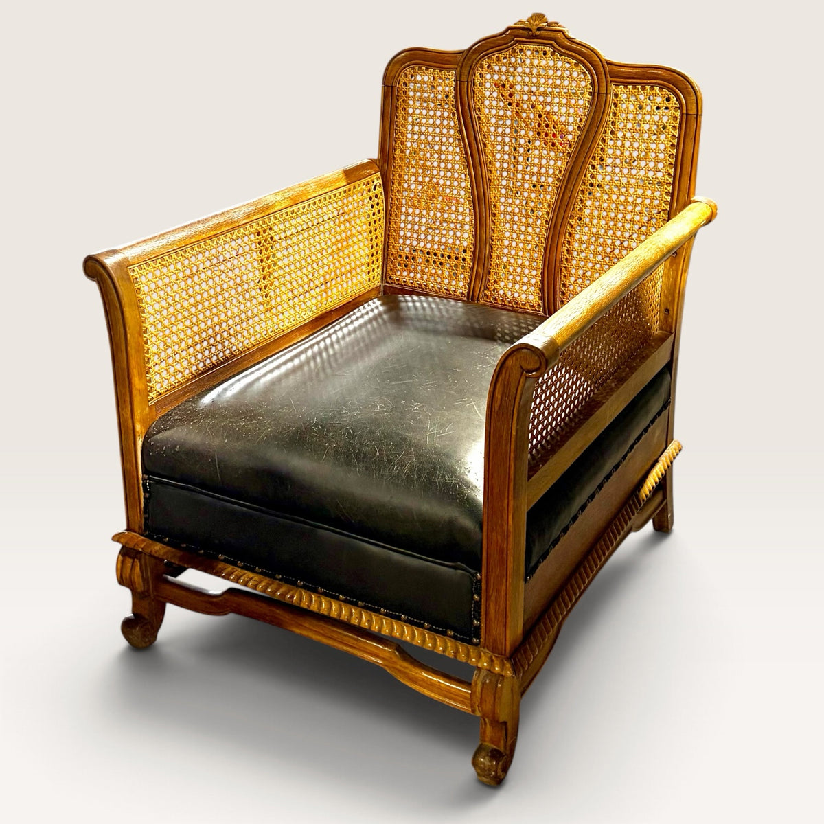 1930's Teak & Cane Ladies Bergere Chair w/Black Leather Seat