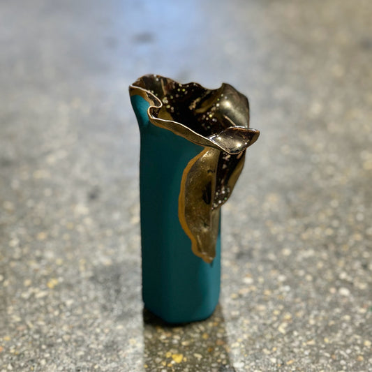 Abstract Teal & Gold Ceramic Bud Vase, 3.5" L x 3" W x 6" H