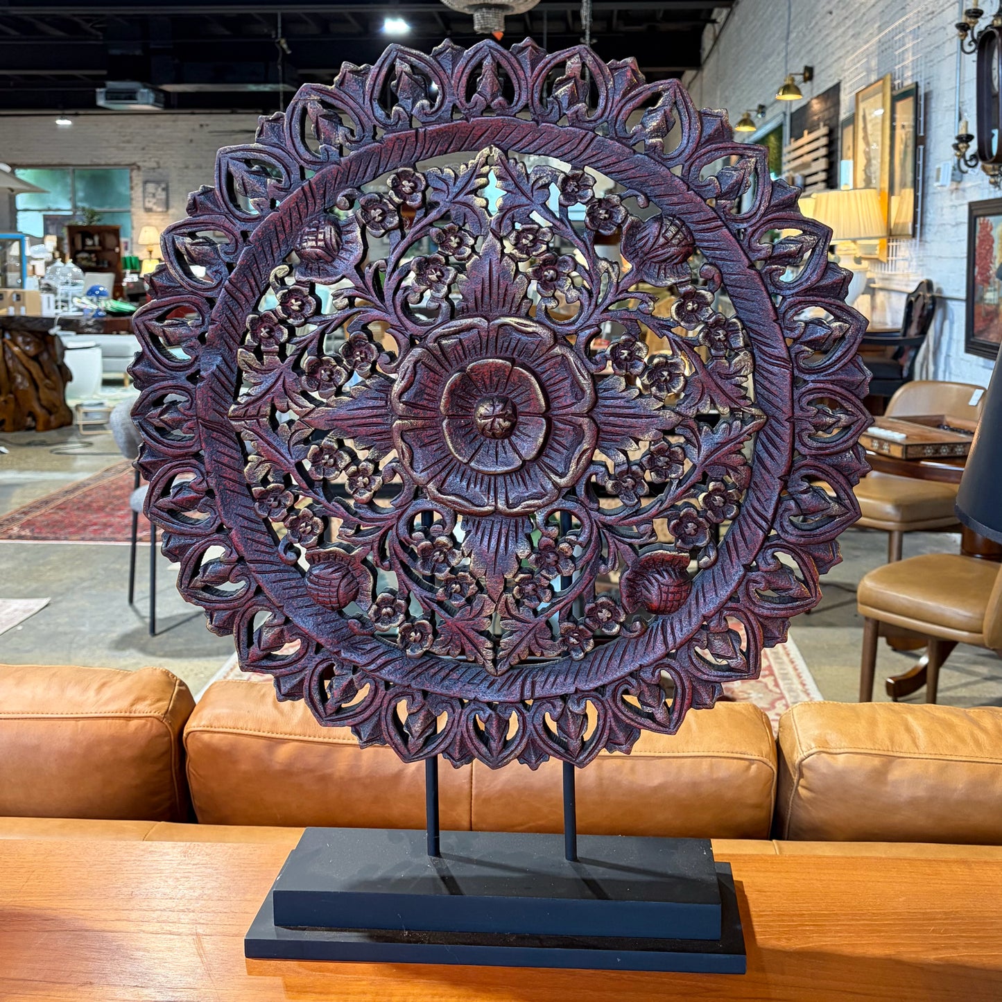 Carved Floral Asian Panel on Stand, 23.5"W x 29"H x 6"D