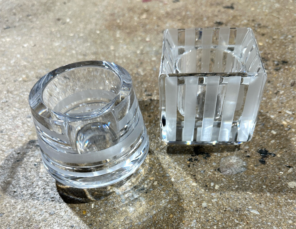 PAIR of Kate Spade Lenox crystal striped votive holders, 2.5"H