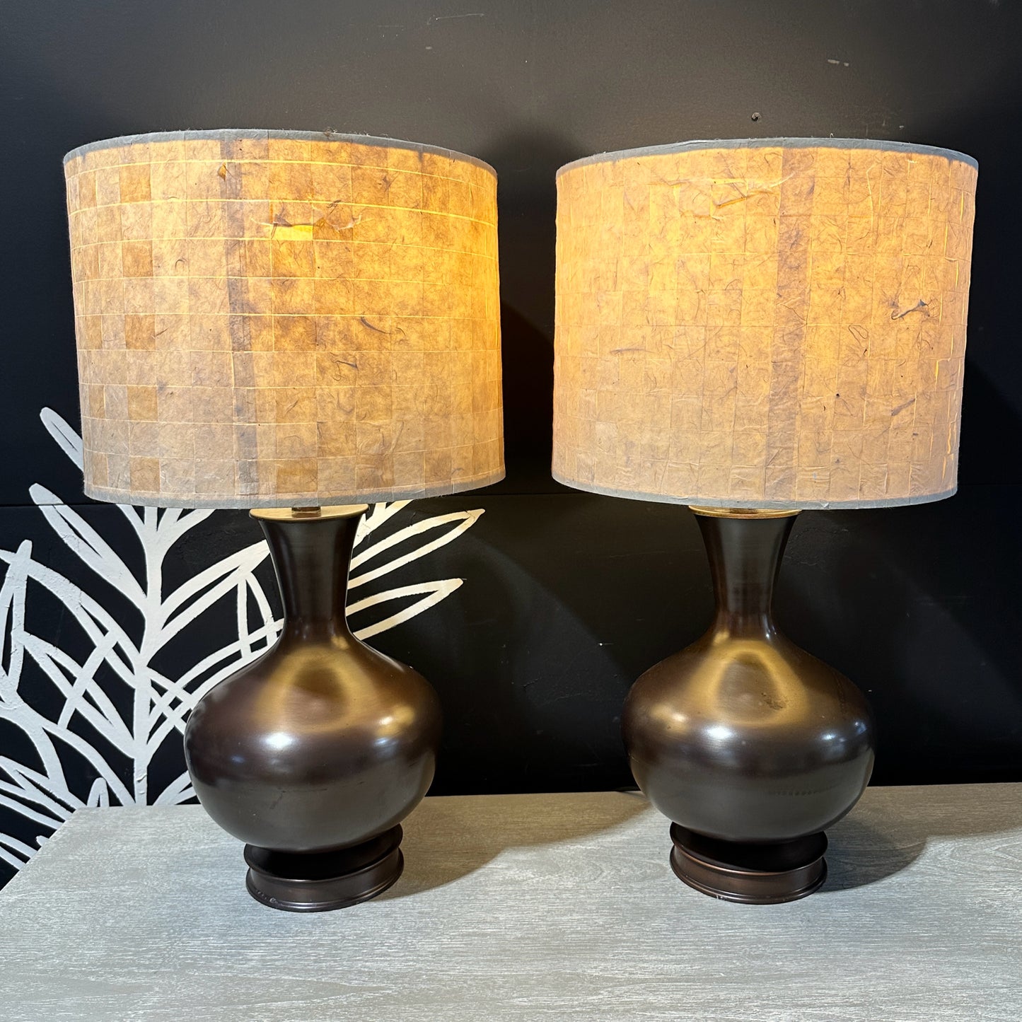 PAIR of Bronze Finish Urn Table Lamps w/ Natural Paper Shades, 14" Dia x 26" H