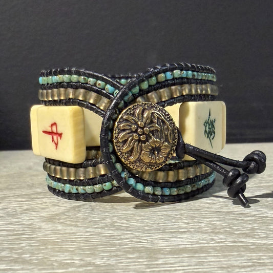 Vintage Mahjong Tile Cuff Beaded Bracelet, 1.5"W x 7.2"L, Carrie Prince