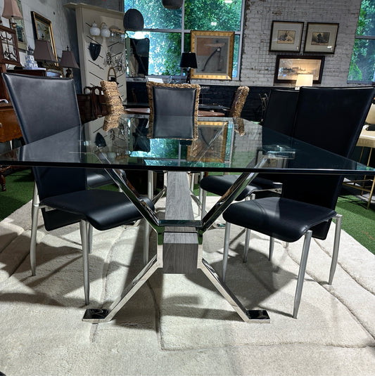 Modern glass/chrome trestle dining table, 79"L x 39"W x 29.5" H