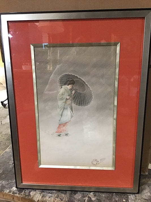 Japanese Wayercolor Geisha with Umbrella signed Tani 25.5 H  x 19"W x 1" D