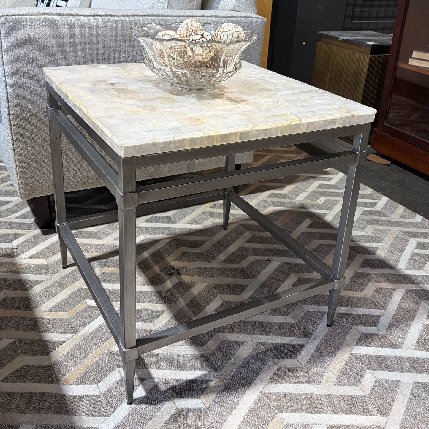 Square Mosaic Fossilized Stone Top, Pewter Metal, 24"W x 24"D x 24.5"H