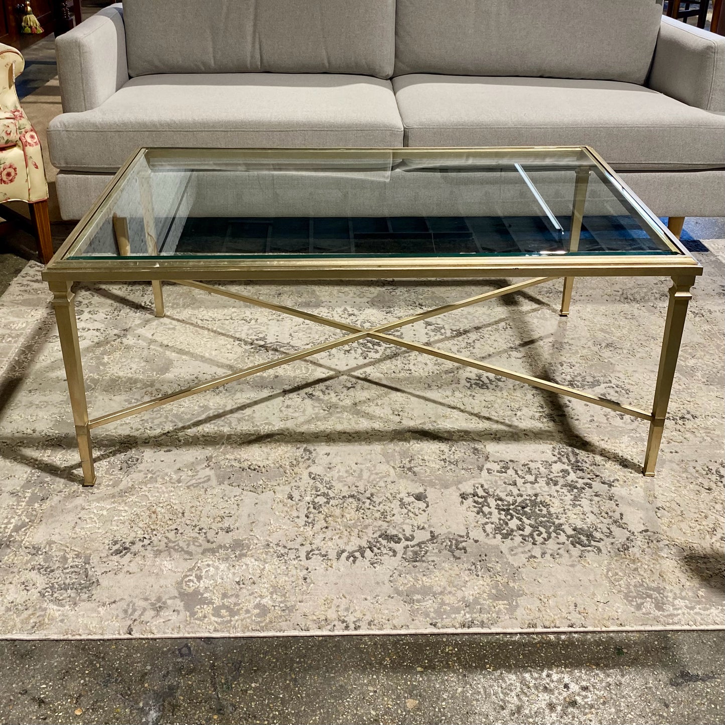 Ethan Allen Glass Top Cocktail Table, 28"D x 45"W x 19"H