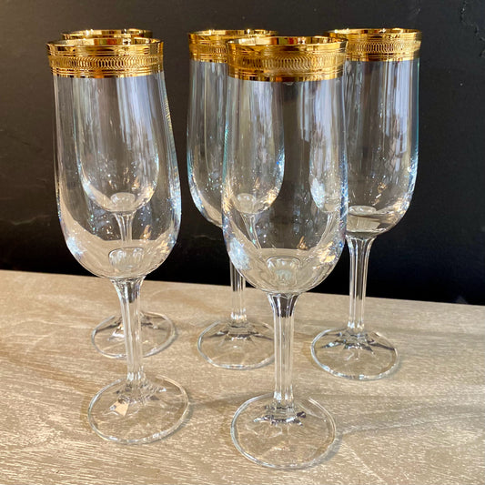 5 Vintage Bohemia Crystal Champagne Flute, 7.75"H
