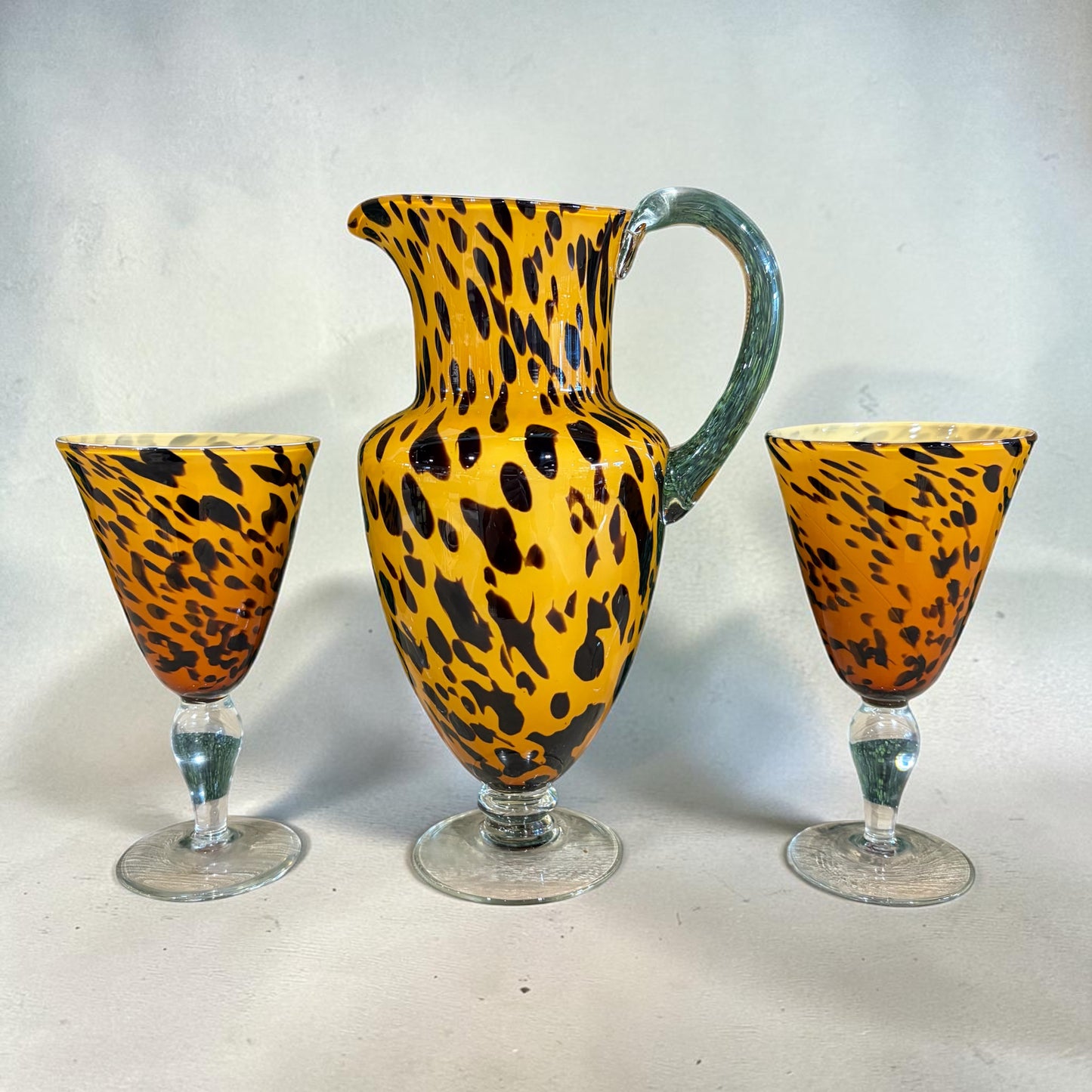 Safari / Leopard Art Glass Pitcher & 2 Goblets, Pitcher 11"H x 5"Dia