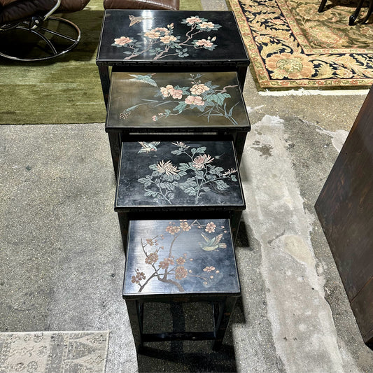 Set of 4 Black Lacquer Chinoiserie Inlaid Nesting Tables, 22" L x 16" W x 24" H