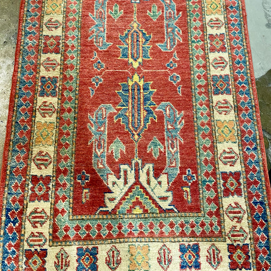Red and Blue  Runner Wool Hand Knott, 14'4"L x 2'11"W