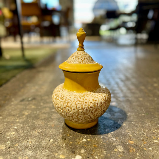 Vintage Lidded Urn, Yellow Ceramic, 6.25" Dia x 10" H