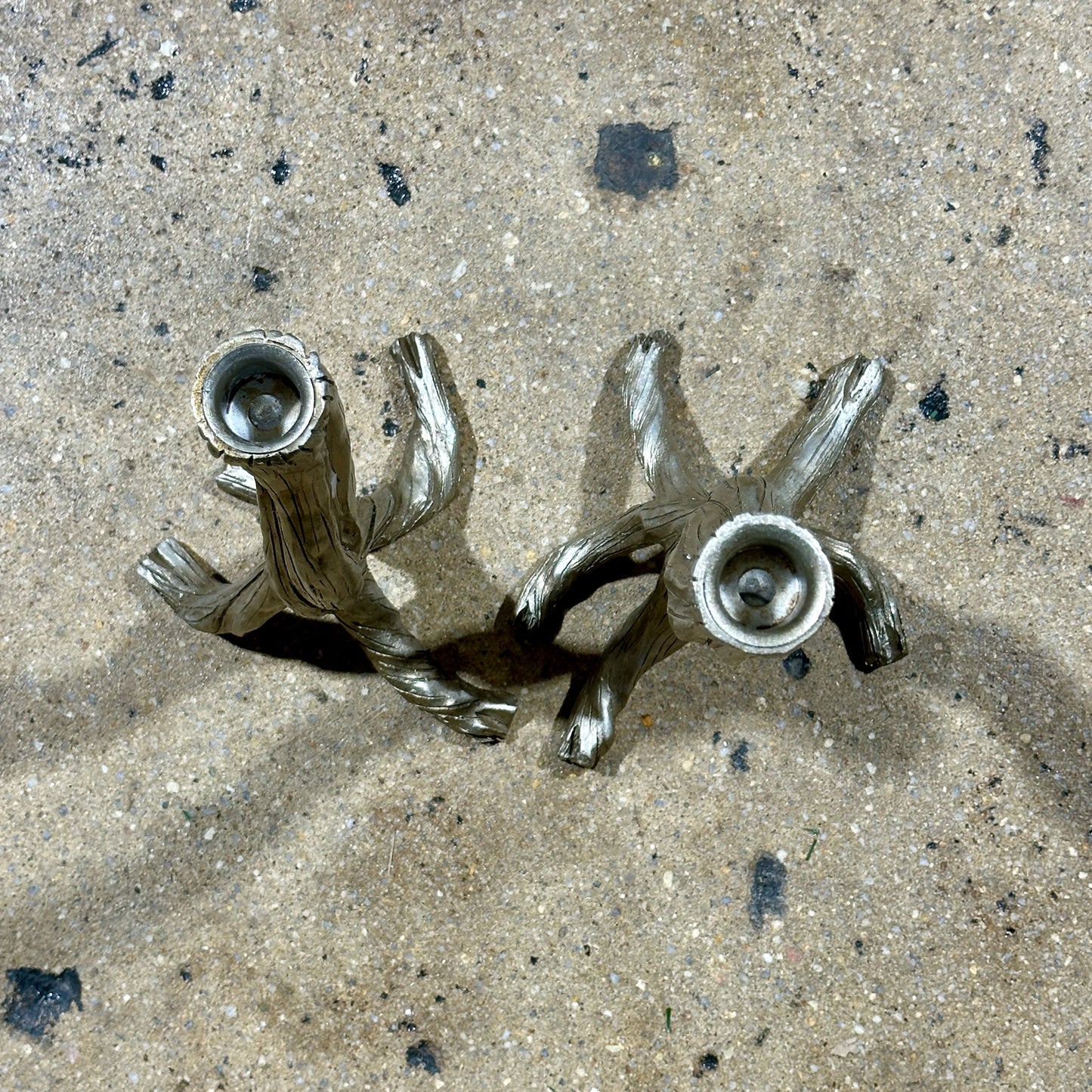 Pair of Silver-leafed Branch Candle Sticks, 15.25" H x 8.5" W & 13.5" H x 7" W