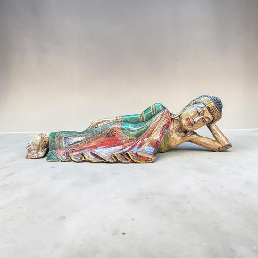 Reclining Buddha, Carved Wood, 31.5"W x 8"D x 10"H