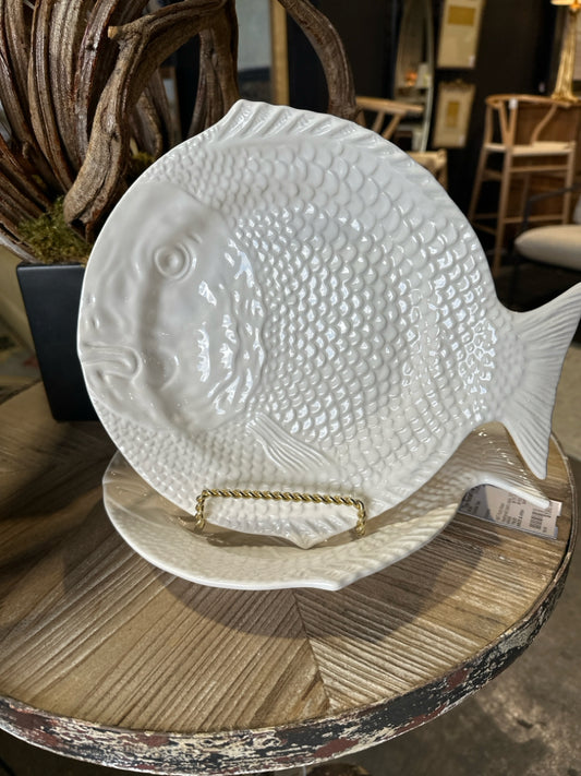 SET of 2 Portugese ceramic fish plates, white, 10"