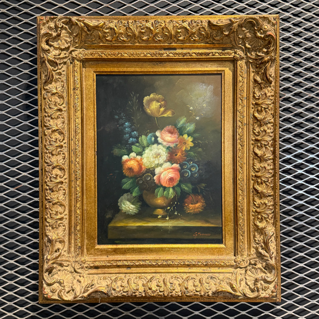 Vintage oil on panel, floral still life, G. Franco, 21.5"W x 25.5"H x 4"D