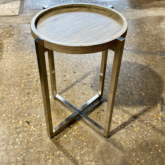 Weathered Gray Wood W/ Polished Stainless Steel Base, 19"D x 25"H