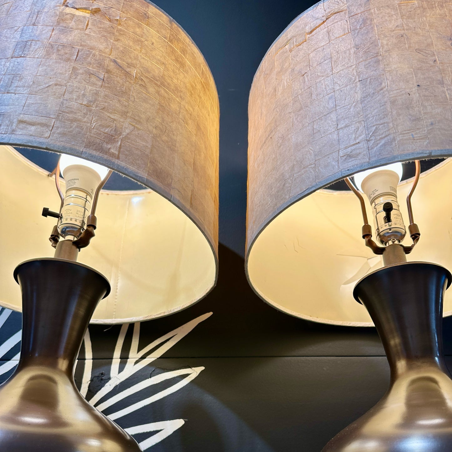 PAIR of Bronze Finish Urn Table Lamps w/ Natural Paper Shades, 14" Dia x 26" H