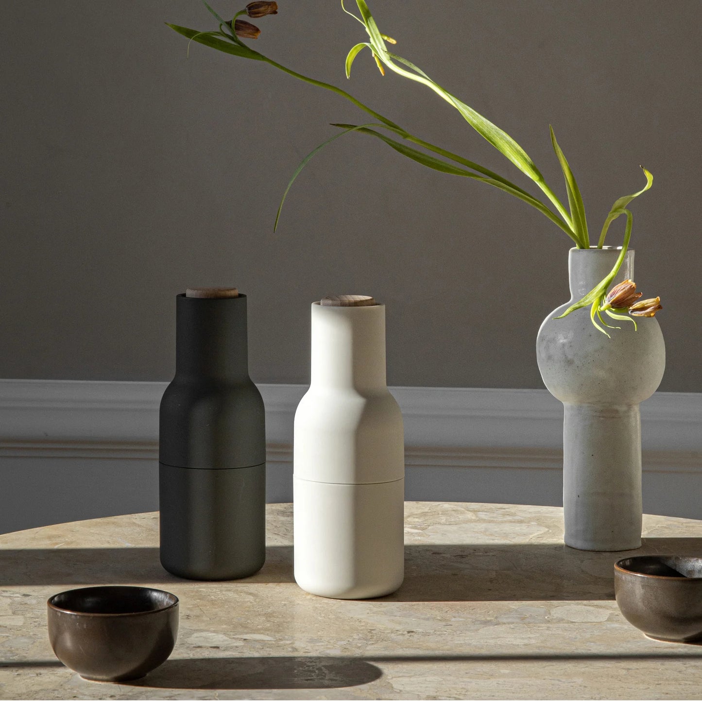 Audo Copenhagen Salt & Pepper Bottle Grinders, Ash & Carbon w/ Walnut Lids, 8" H