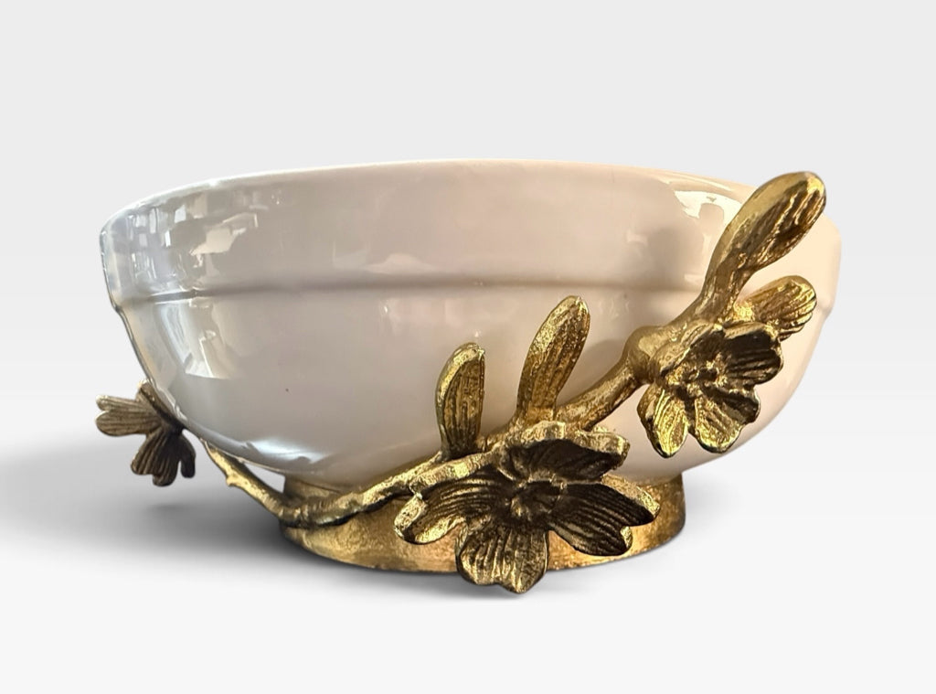 Ceramic decorative/salad bowl, gold/magnolia accent, 10"W x 10"D x 4"H