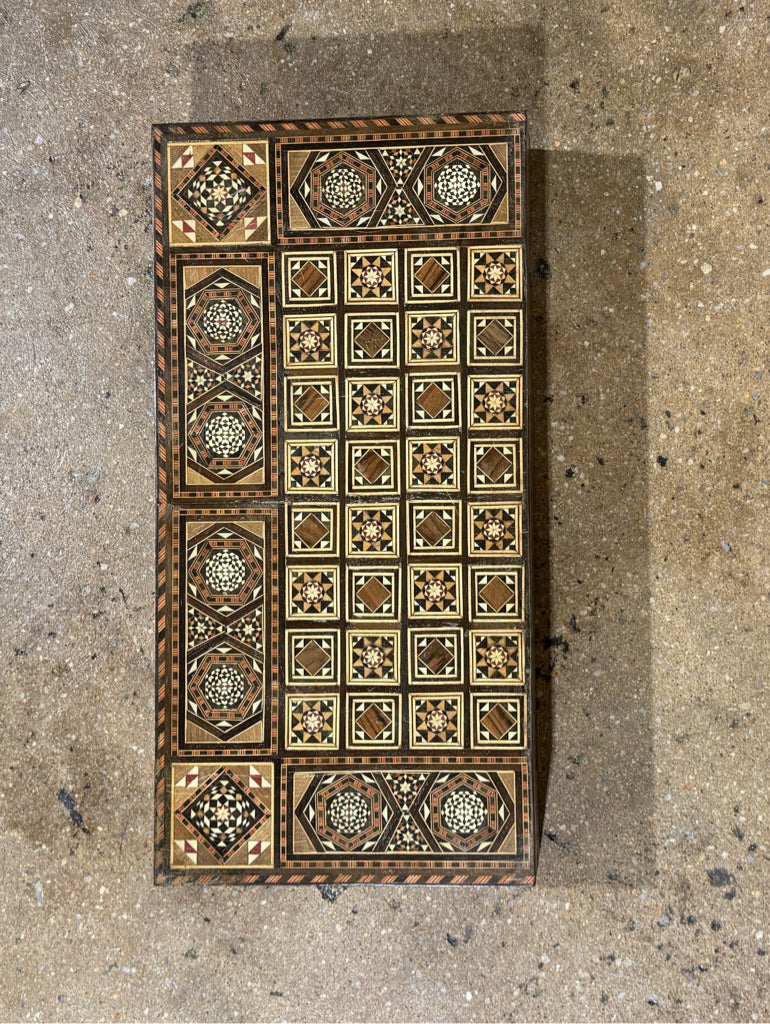 Backgammon board, inlaid wood details, 19.5"W x 19.5"D