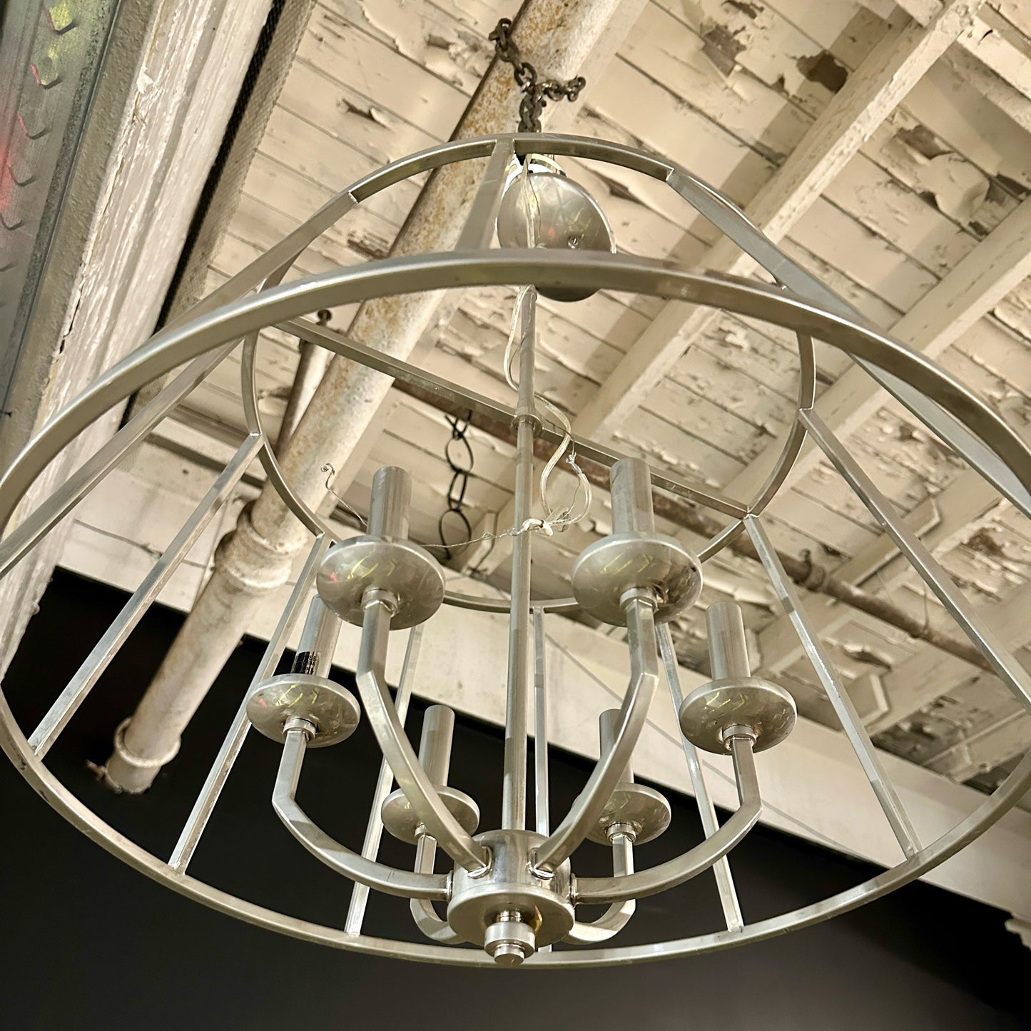 Austin Allen & Co Brushed Chrome Basket Chandelier, Silver Metal, 24" Dia