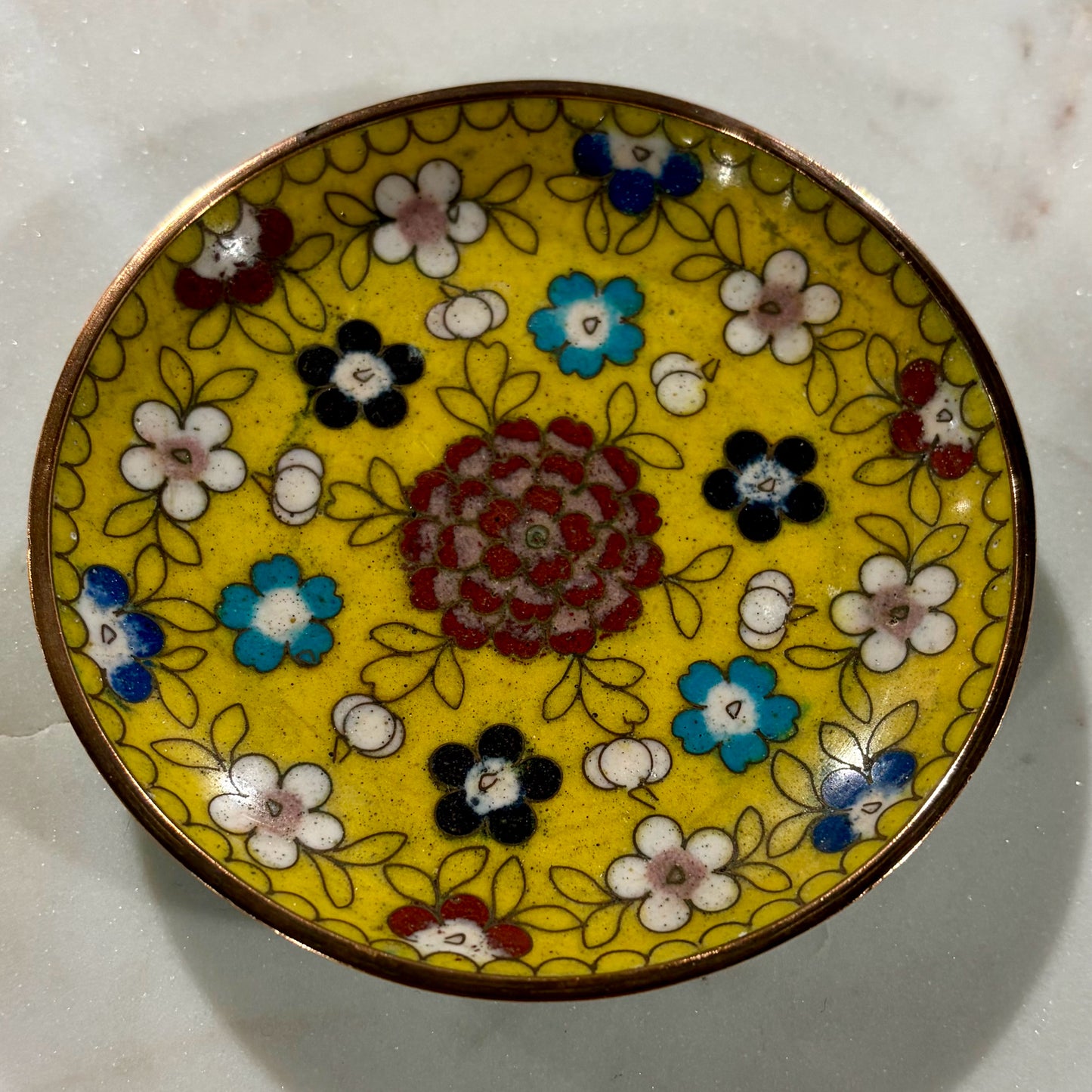 VTG Cloisonne Trinket Dish, Yellow, 3.75"Dia