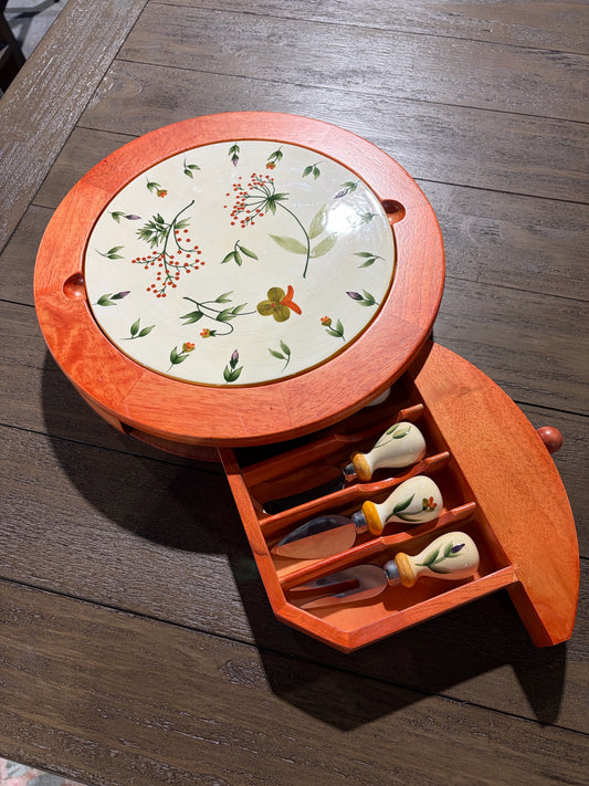 Cheese Board Set w/ Ceramic Plate & Utensils, 13.25"W x 12.5"D x 2.5"H