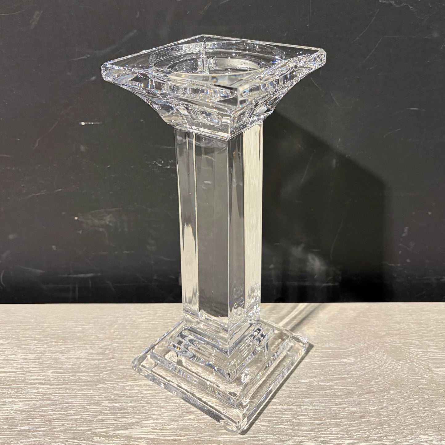 Set of 3 Sq. Crystal Pillar Candle Holders, 3.75"W x 3.75"D x 5.5"/7.25"/9.25"H