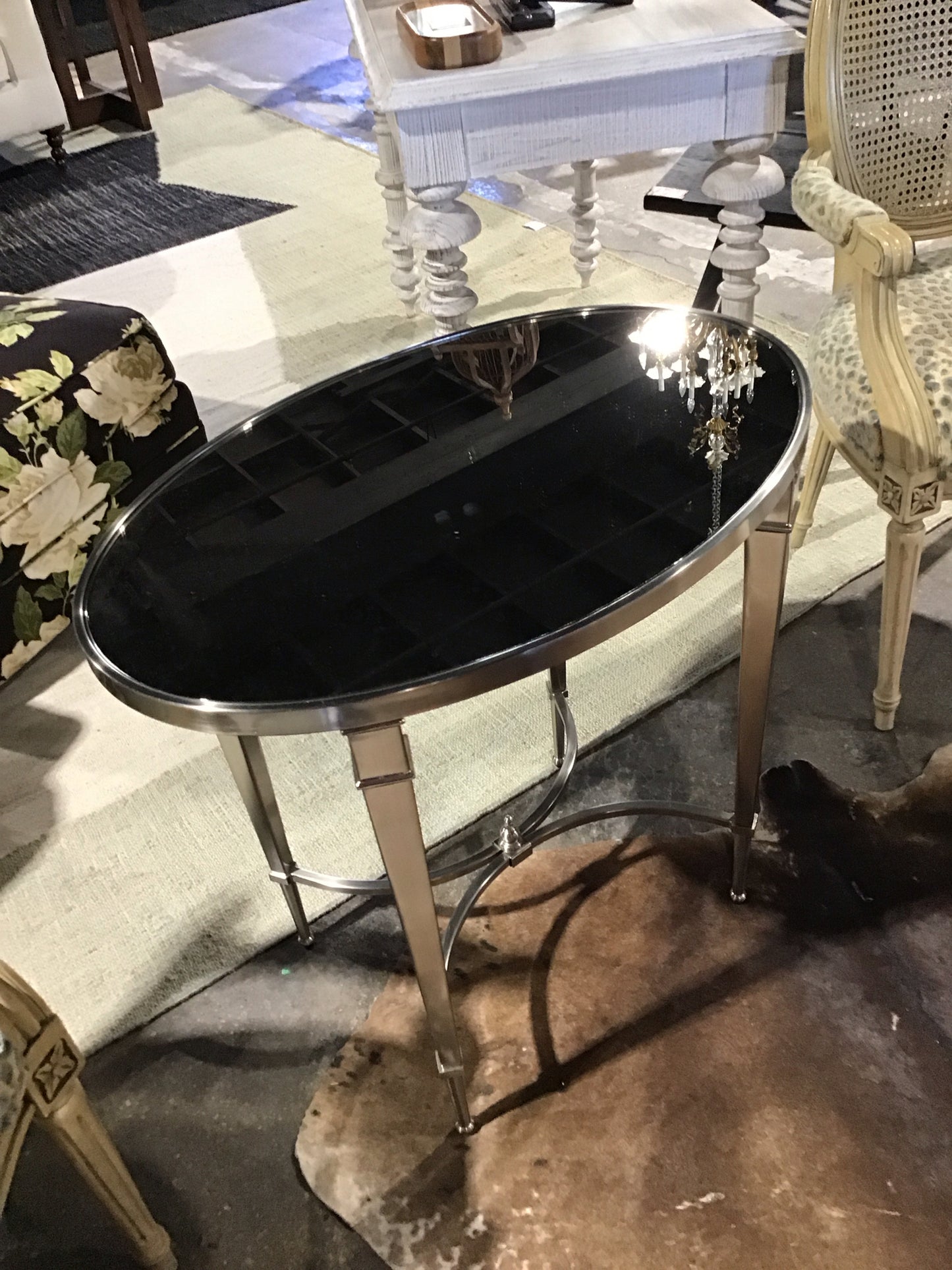 Eglomise mirrored/polished nickel table, 27"Wx18"Dx25.5"H
