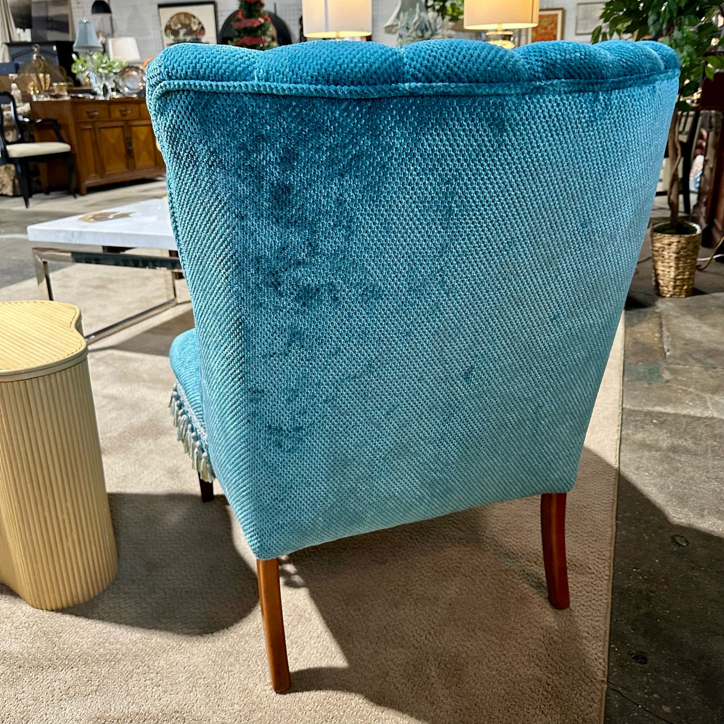 Tufted Armless Upholstered Chair, Teal w/ Tassel Trim, 26.5"L x 29.5"D x 35.5"H