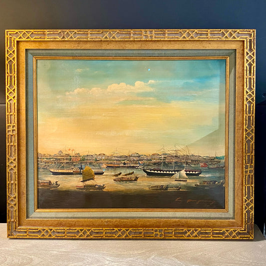 Vintage Harbor Oil Painting, Signed, 25"W x 21"H x 1.5"D (AS IS)