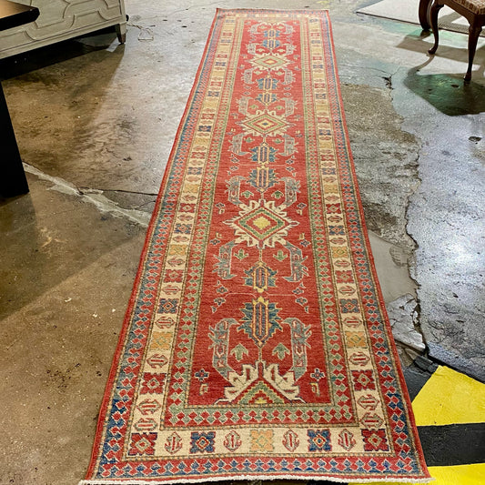 Red and Blue  Runner Wool Hand Knott, 14'4"L x 2'11"W