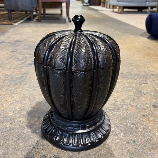 Black "Wood" Carved Canister W/Lid, 13.5"H x 9.5"D x 9.5"W